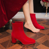 Square Toe Thick Heeled Back Zipper Short Boots Newgew